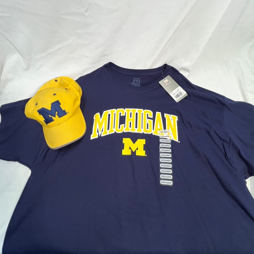Michigan Wolverines College Bundle Mens 3XL Navy Blue T-Shirt NWT and Yellow Hat